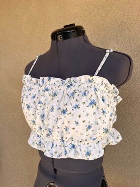wild fable White Floral Smocked Crop Top with Blue Flowers